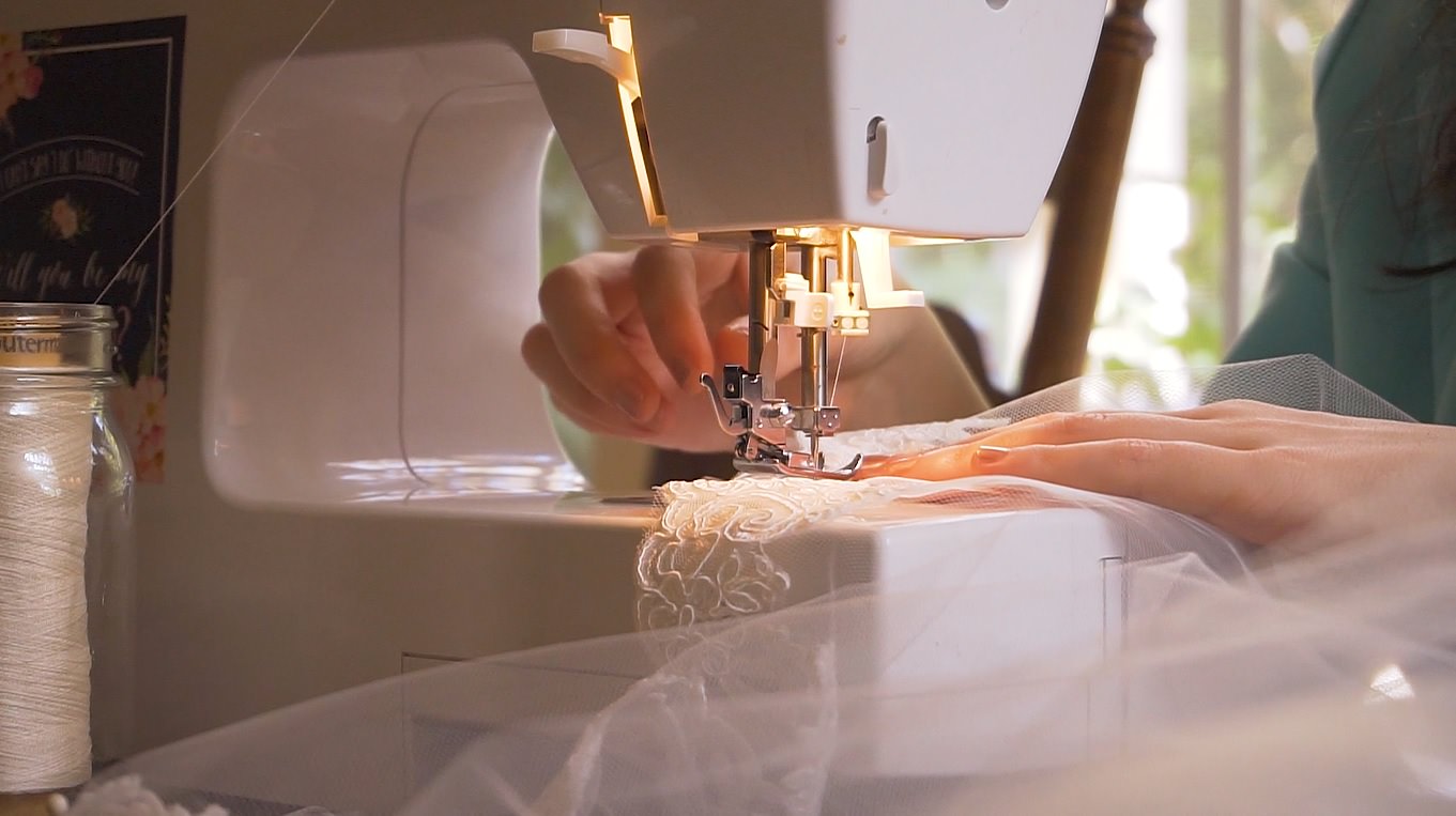 sewing lace to tulle fabric for bridal veils