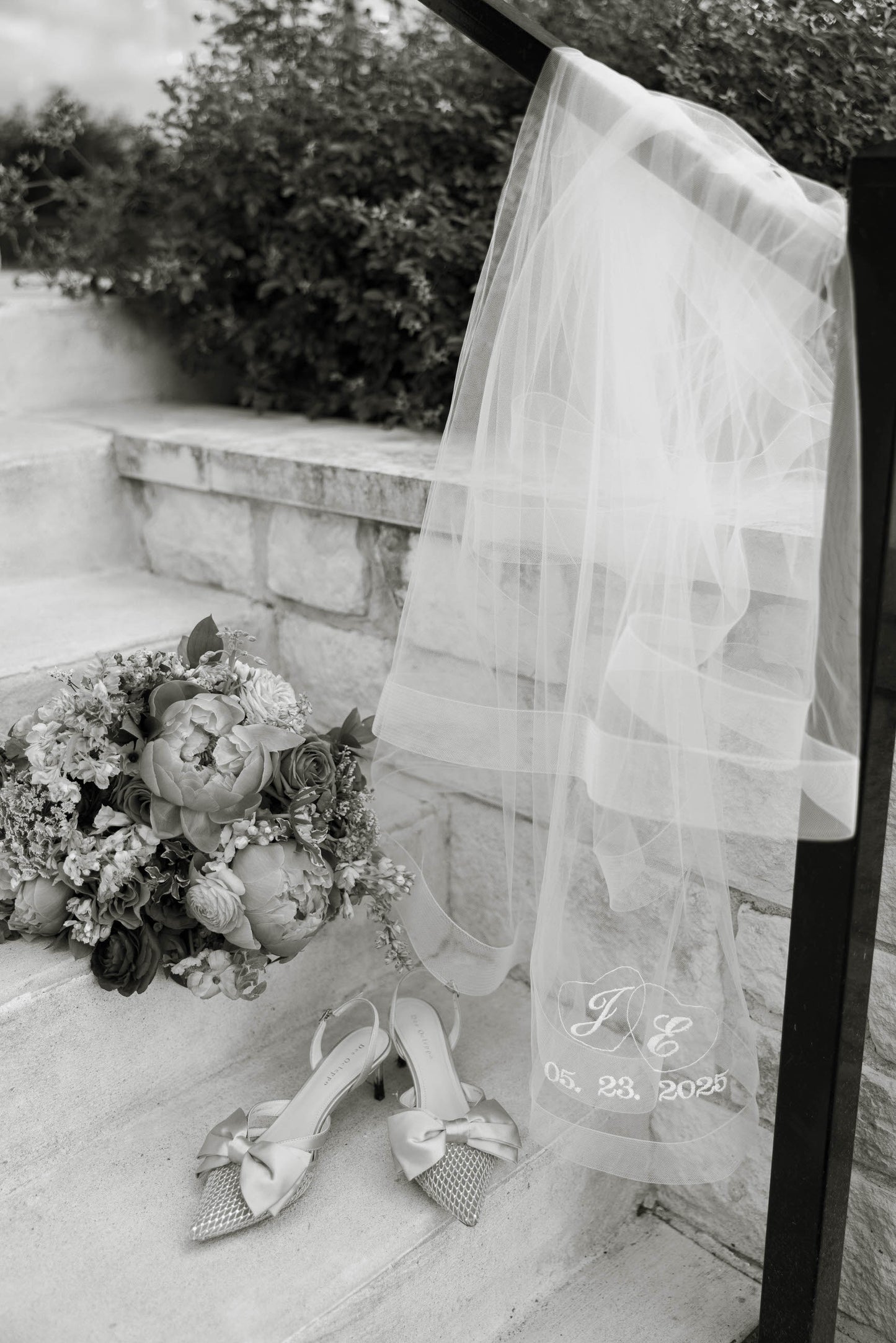 customize your wedding veil embroidery with your initials and wedding date for bridal pics