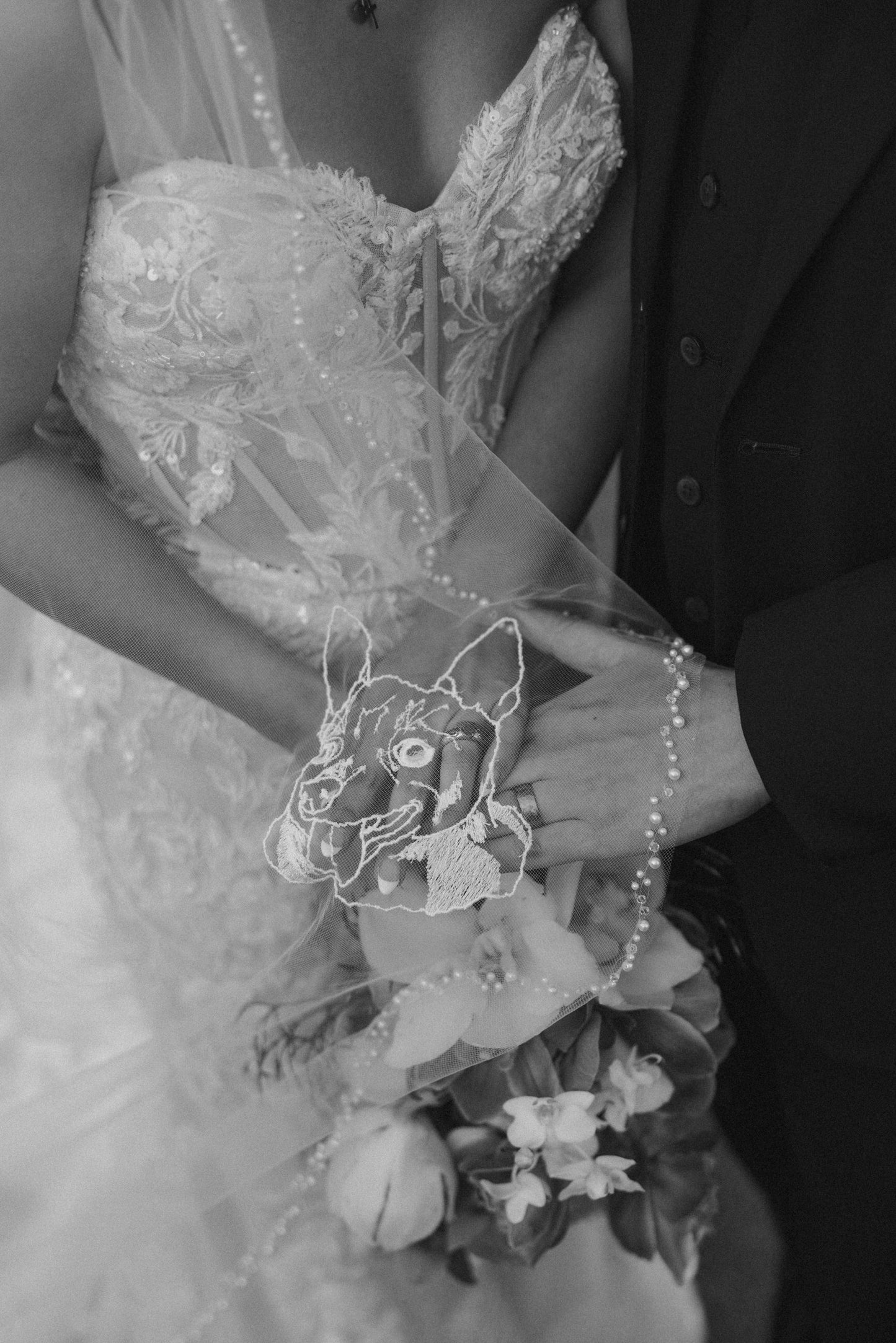 dog embroidered chihuahua on beaded bridal veil