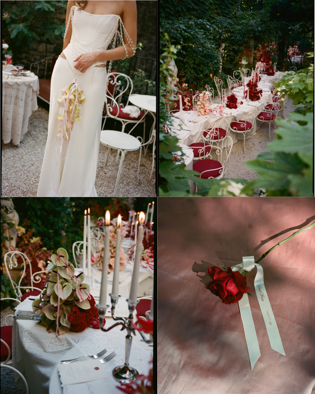 Collage of wedding outfit and reception decorations including a bride in a white corset bespoke bridal gown, white and red tables set for a reception in garden , and red rose floral arrangements.