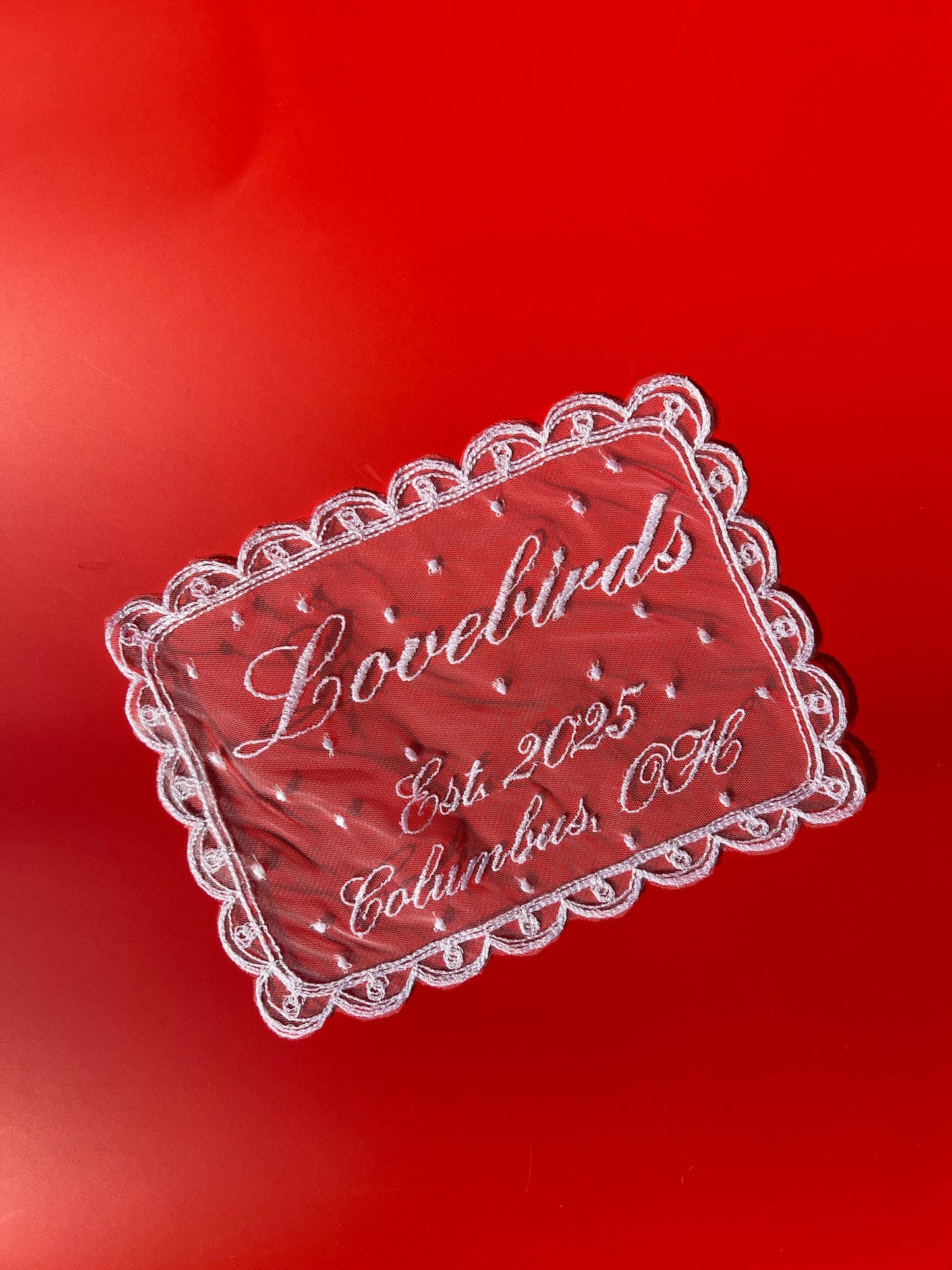 new business handkerchief memento with sheer embroidery on tulle