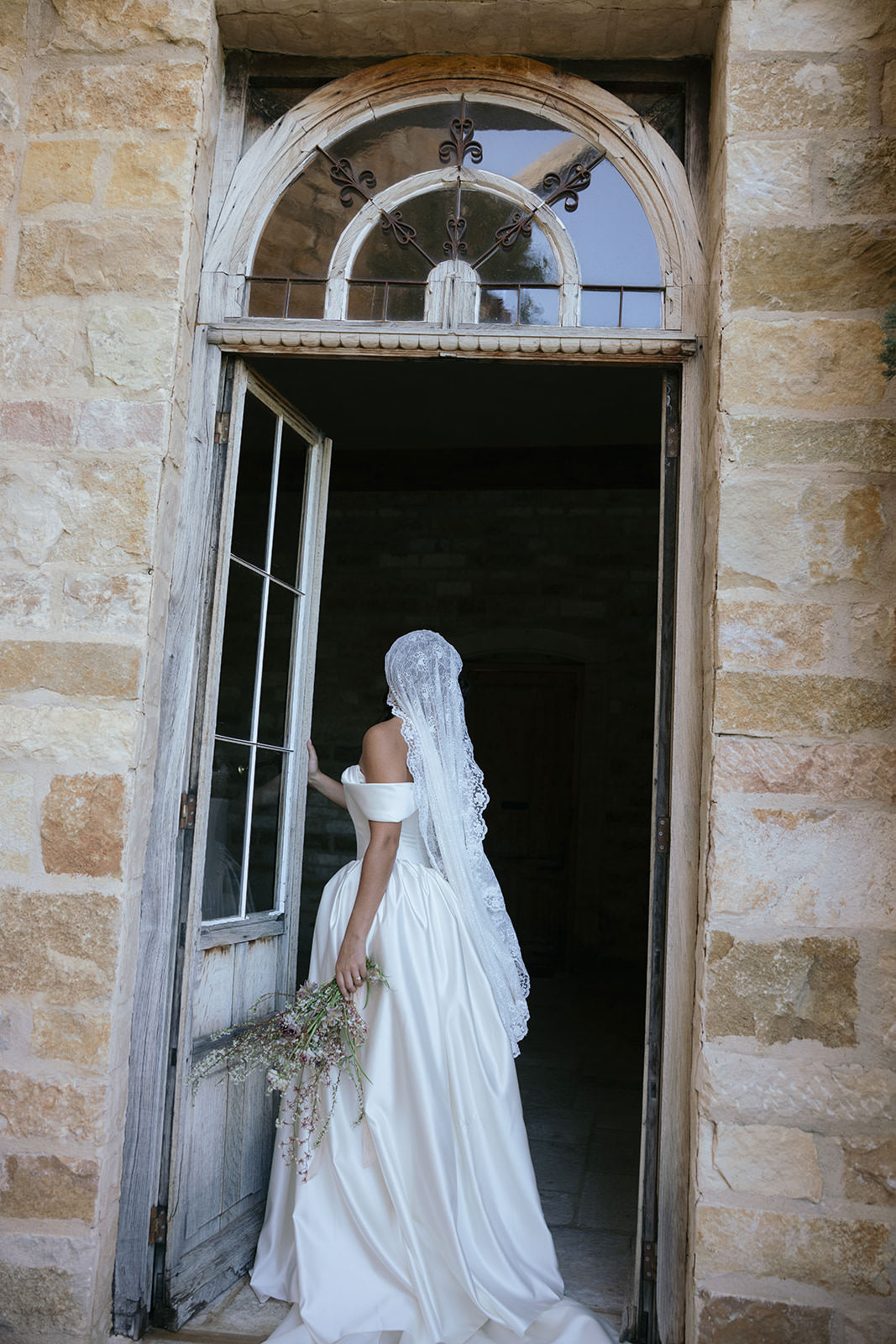 Romantic Floral Lace Mantilla Wedding Veil, Fingertip Length in Light Ivory