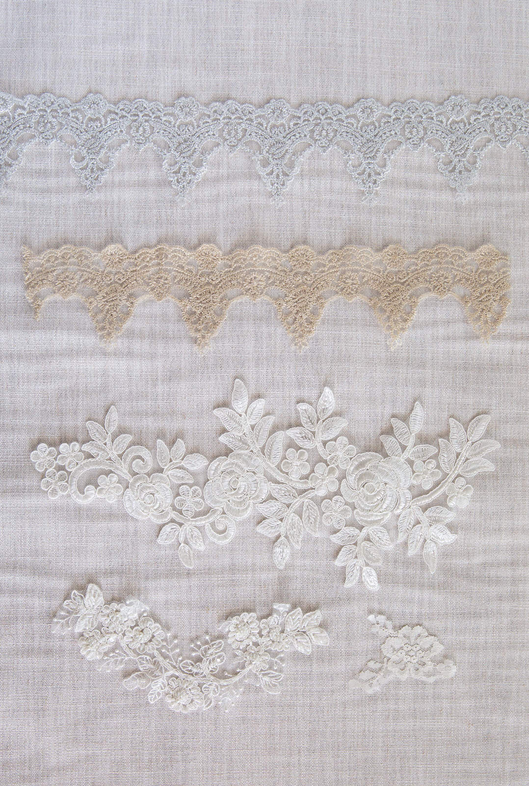 silver and gold metallic embroidered trim and floral appliqué lace designs for wedding