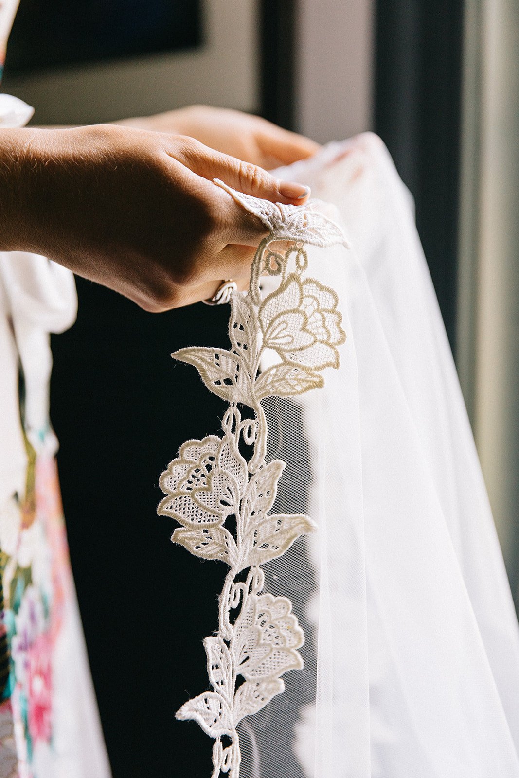 chunky organic rose Venice applique edged bridal veil in ivory with leaves and vines on off white bridal illusion tulle fabric