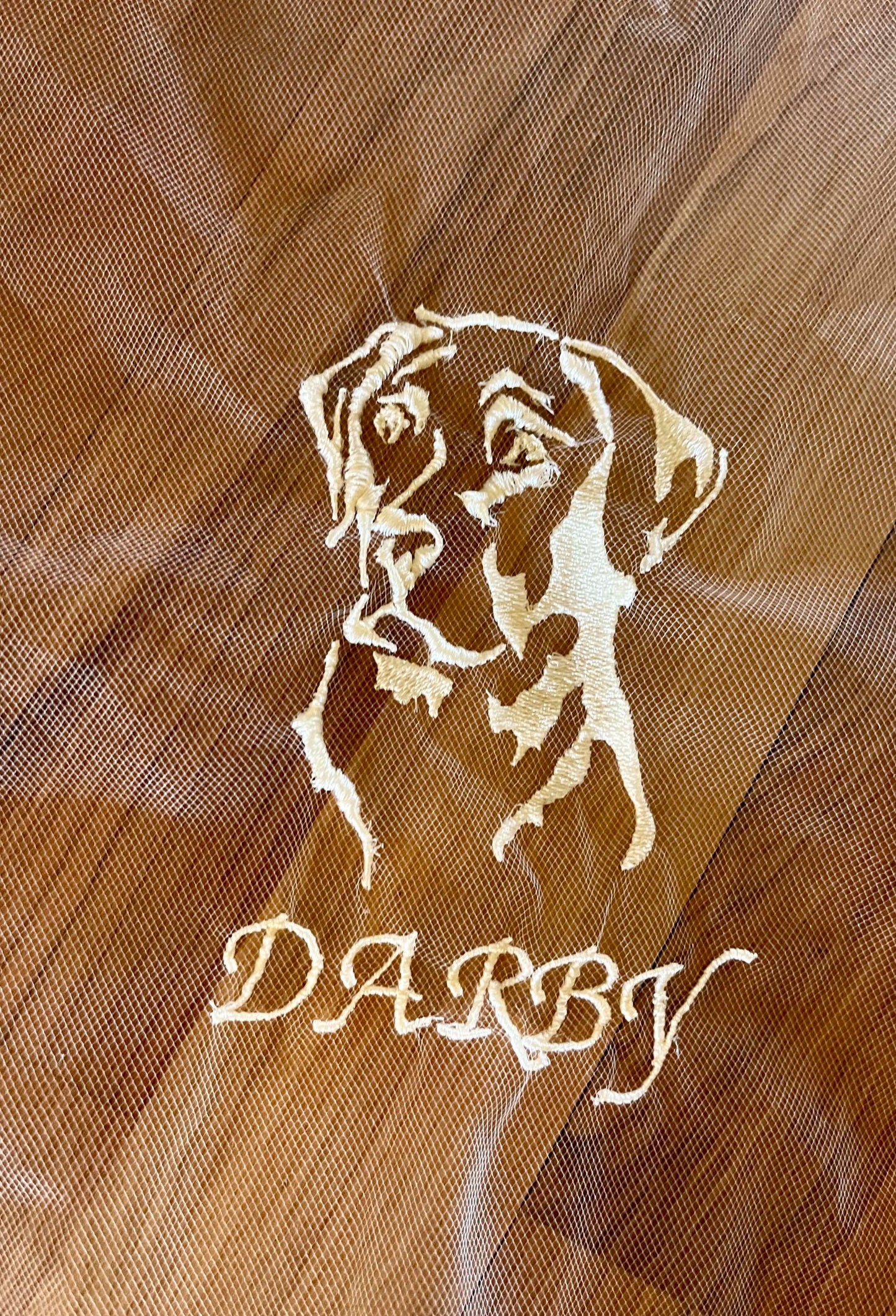 fun embroidered image of pet lab on wedding veil tulle fabric