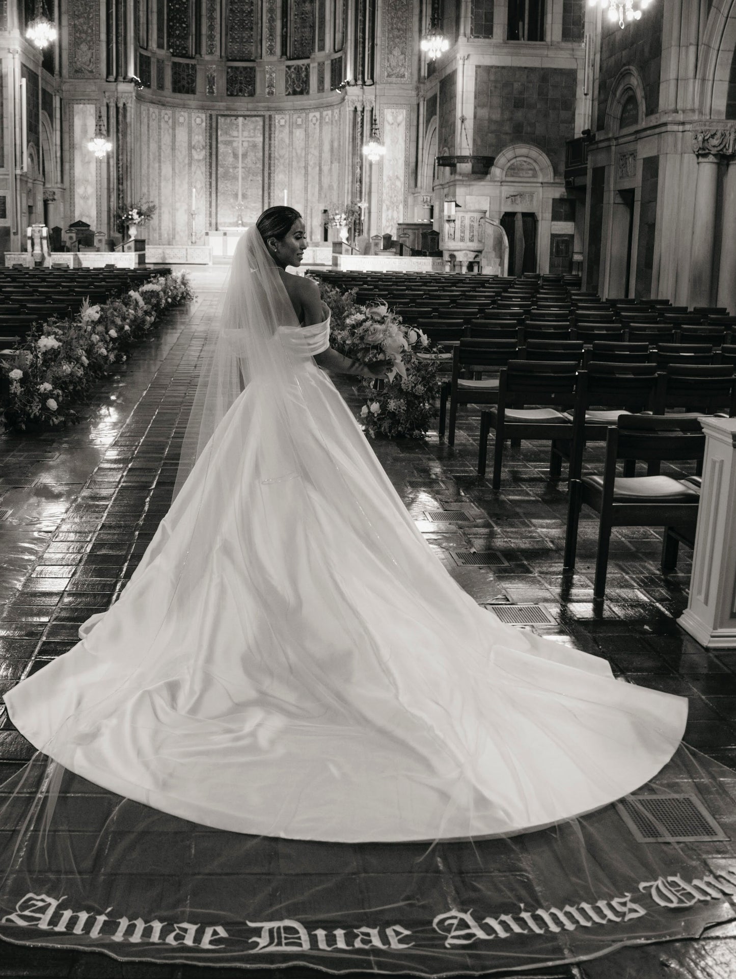 Bold Old English Embroidered Royal Length Veil with Bespoke Custom Phrase