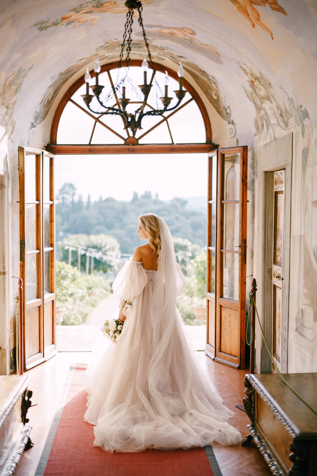 romantic French regency wedding with bride wearing diy tulle off shoulder sleeves