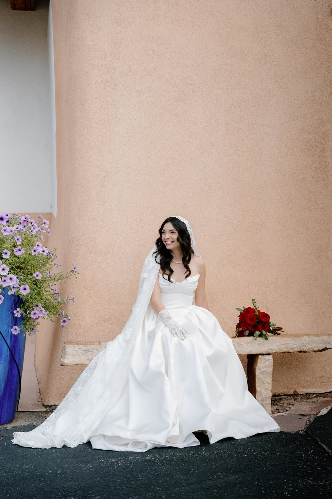 romantic lace bridal gloves and matching long mantilla cathedral veil for Spanish wedding