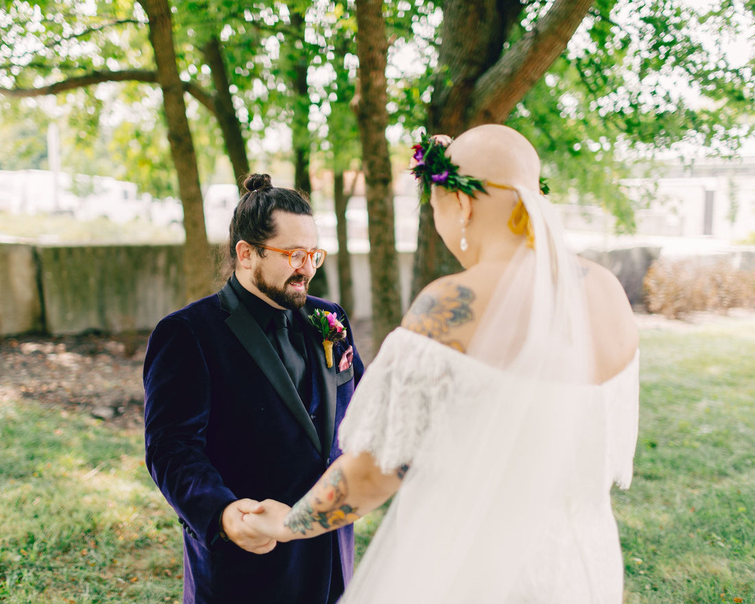 simple raw edge veil with colorful purple hair wreath for bald bride