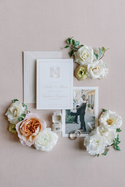 wedding invitation sweet and engagement rings with ranunculus peach florals 