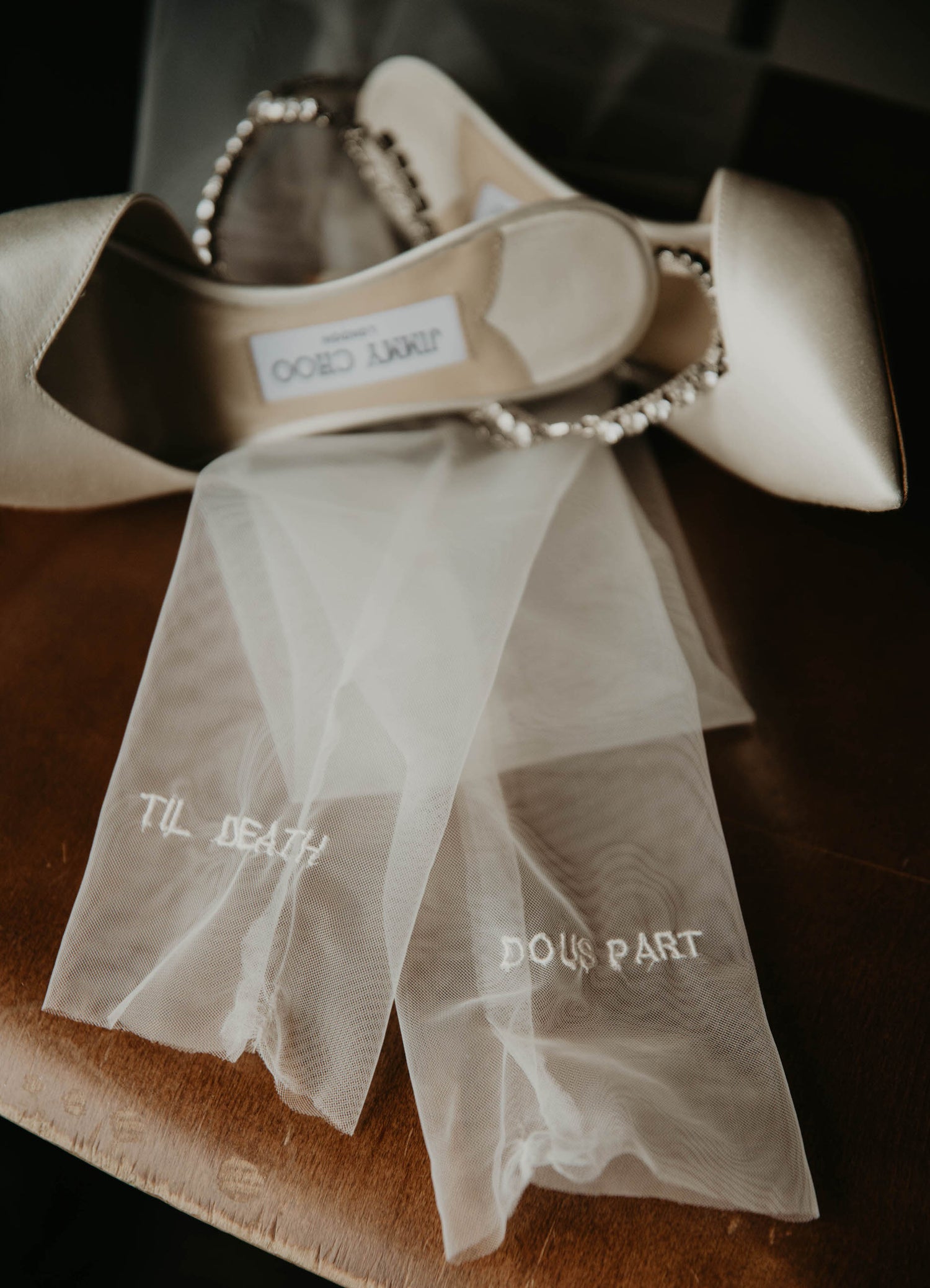 till death do us part bridal gloves with jimmy Choo shoes