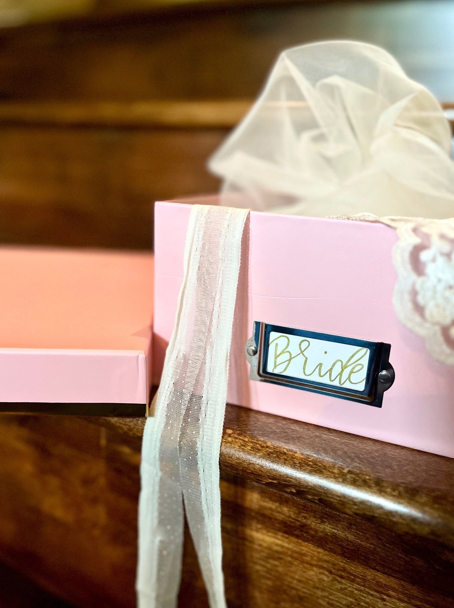 pink bridal veil keepsake box with veil making supplies for retro Juliet cap wedding veil