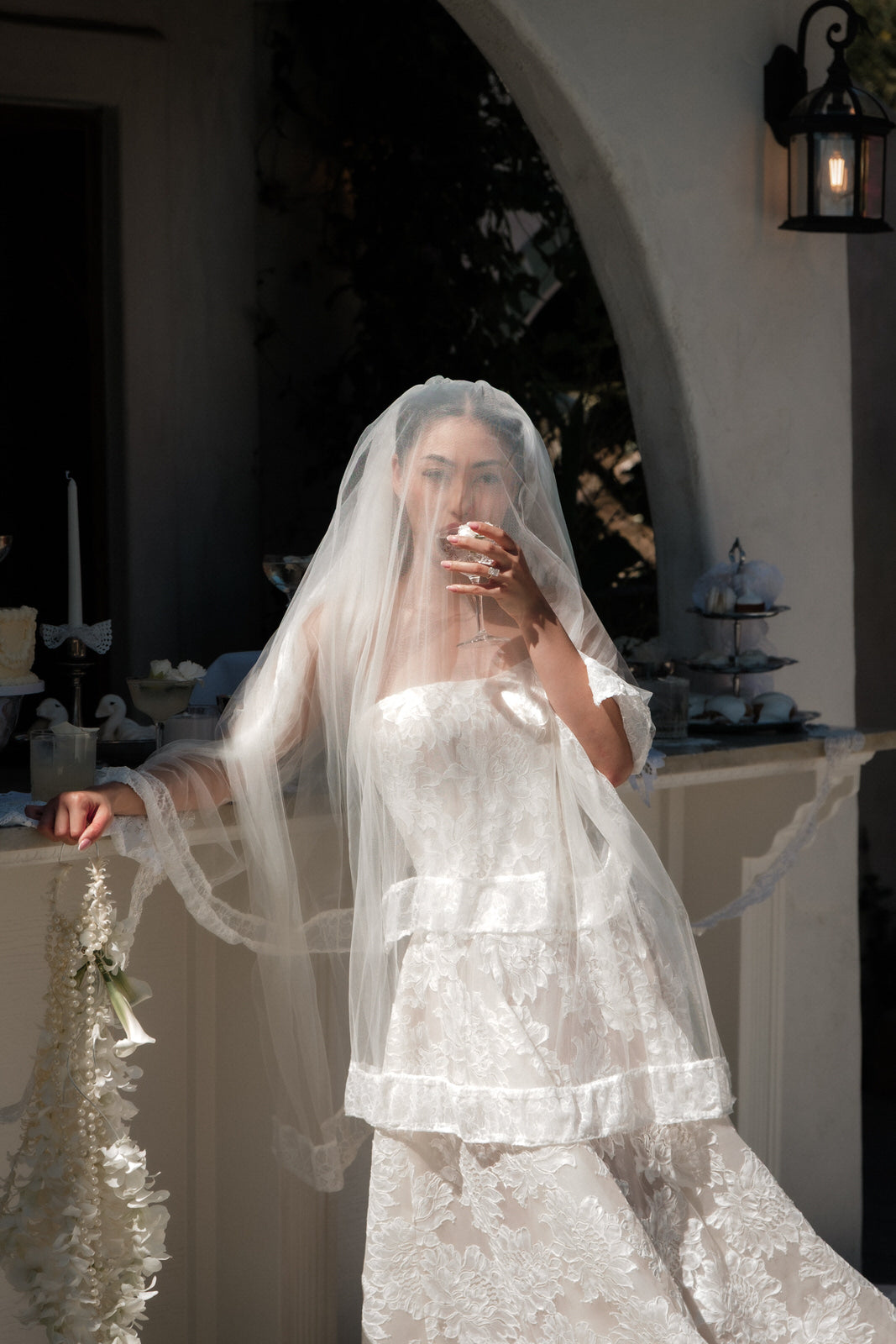 two tier bridal veil lace edges