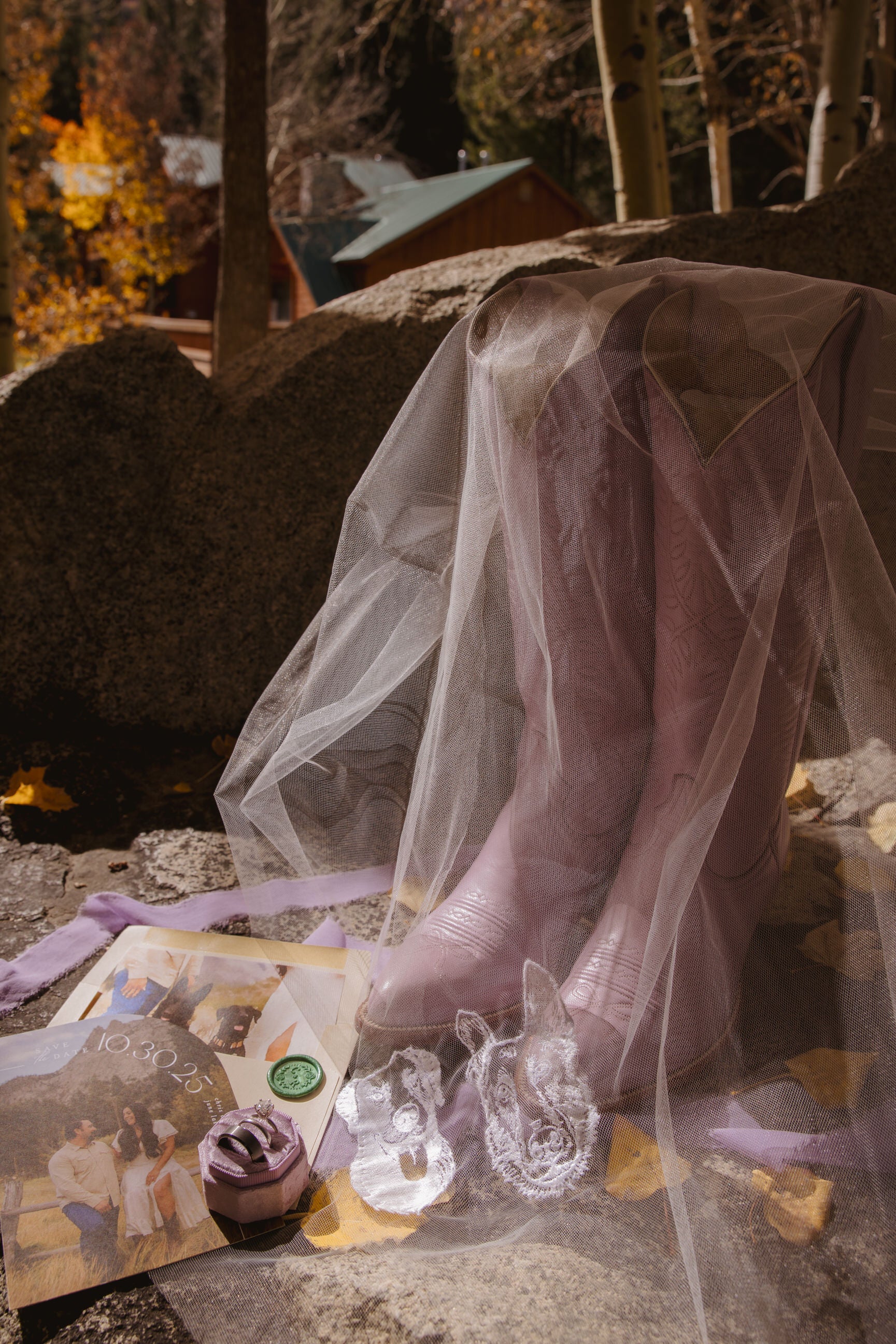 Pink wedding boots with an embroidered veil with custom dog embroidery in white thread