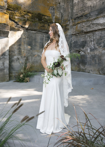 ankle length off white chantilly lace mantel wedding veil with French lace trim for modern bridal gowns