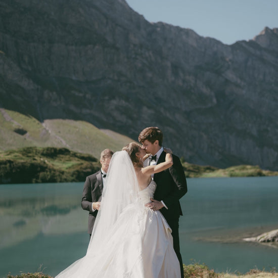 long lace cathedral veil with blusher in off white