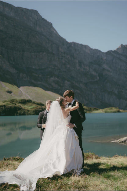 long lace cathedral veil with blusher in off white