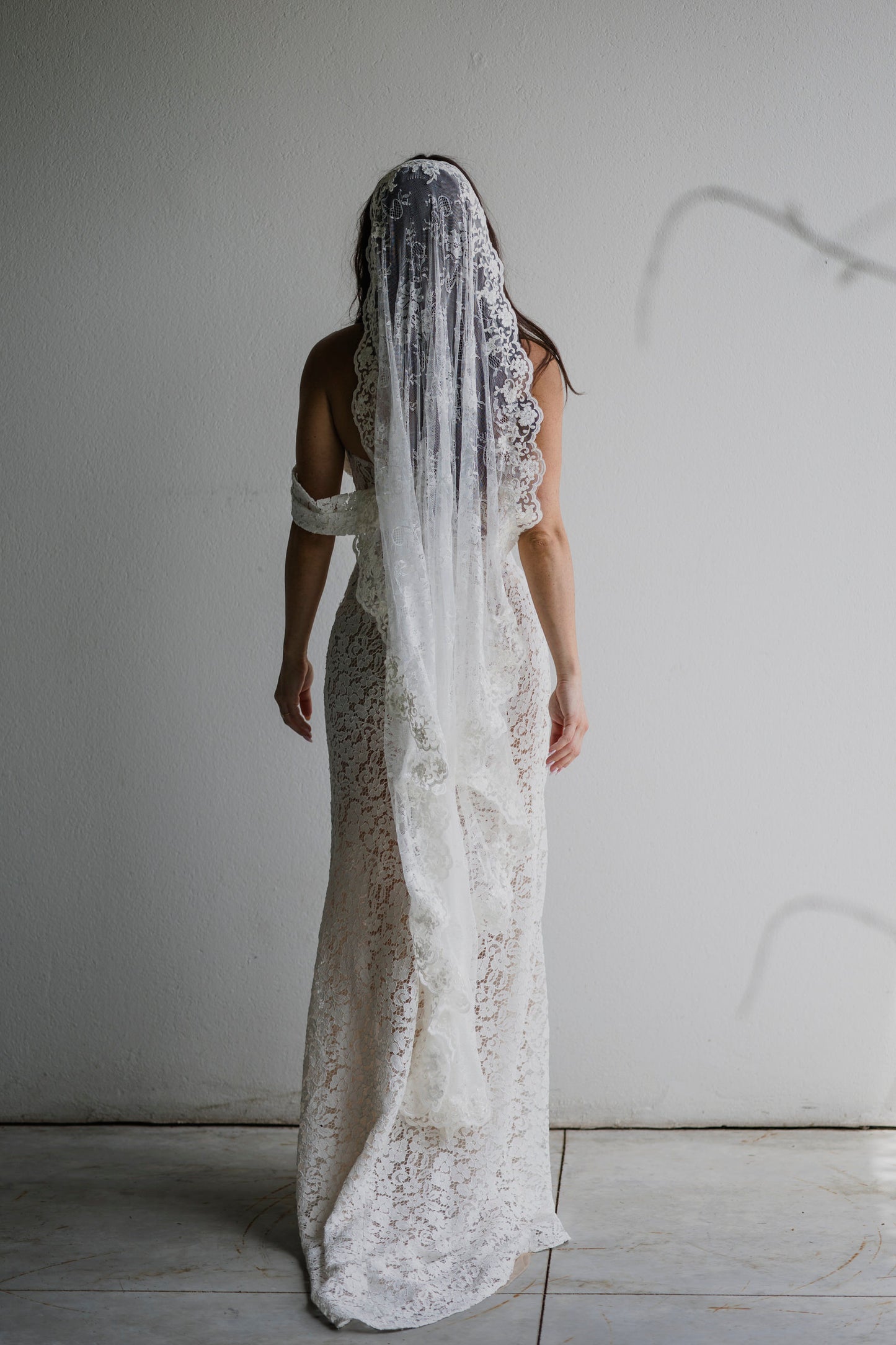 romantic ivory lace mantilla wedding veil, waltz length 