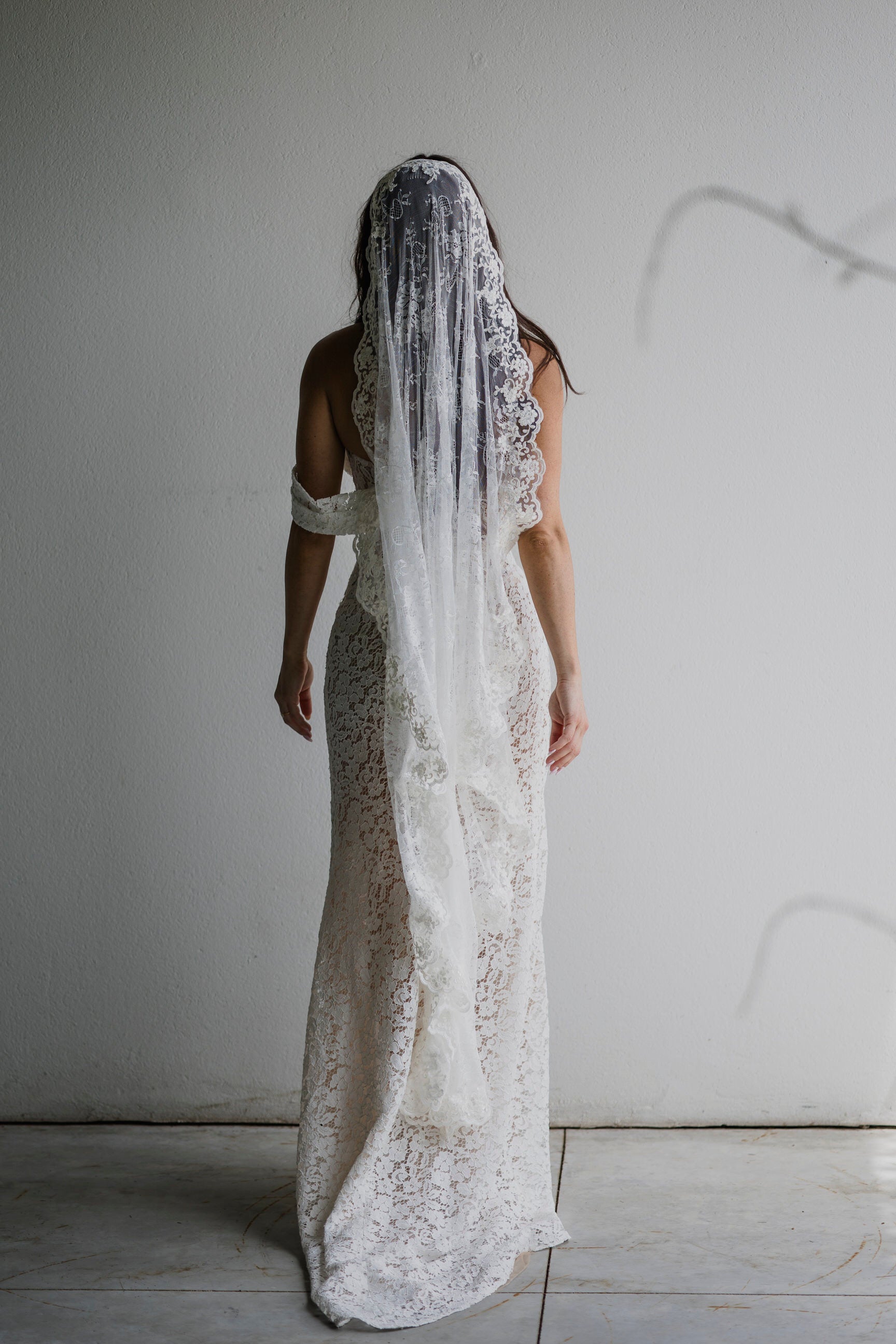 romantic ivory lace mantilla wedding veil, waltz length 
