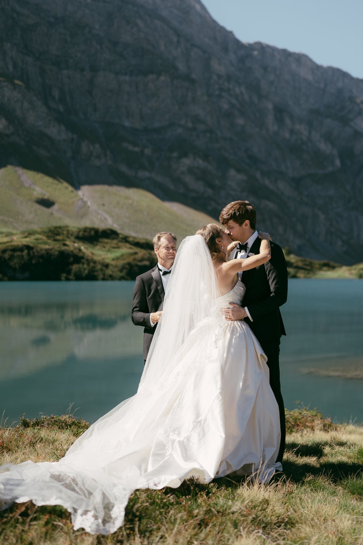 swiss alps wedding with long bridal veil with lace