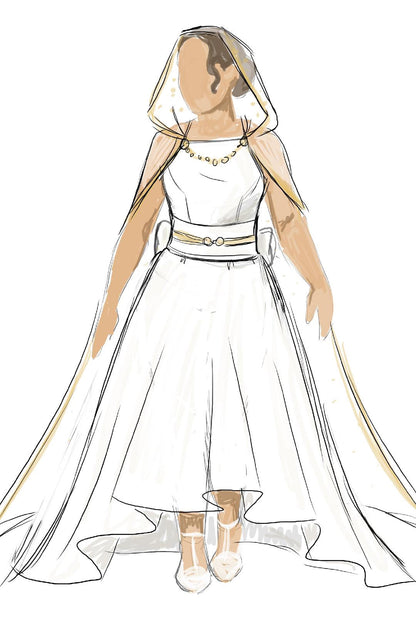 unique high light wedding gown with ballet flats and gold tulle hooded floor length cape