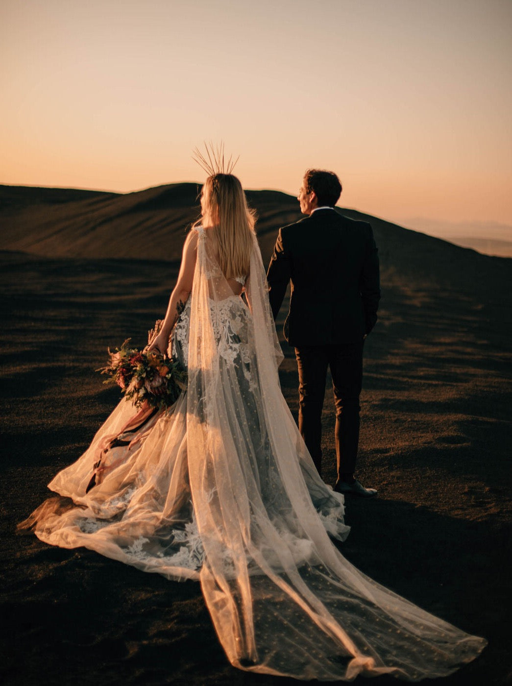 draped wedding cape veil attached to shoulders for celestial bride