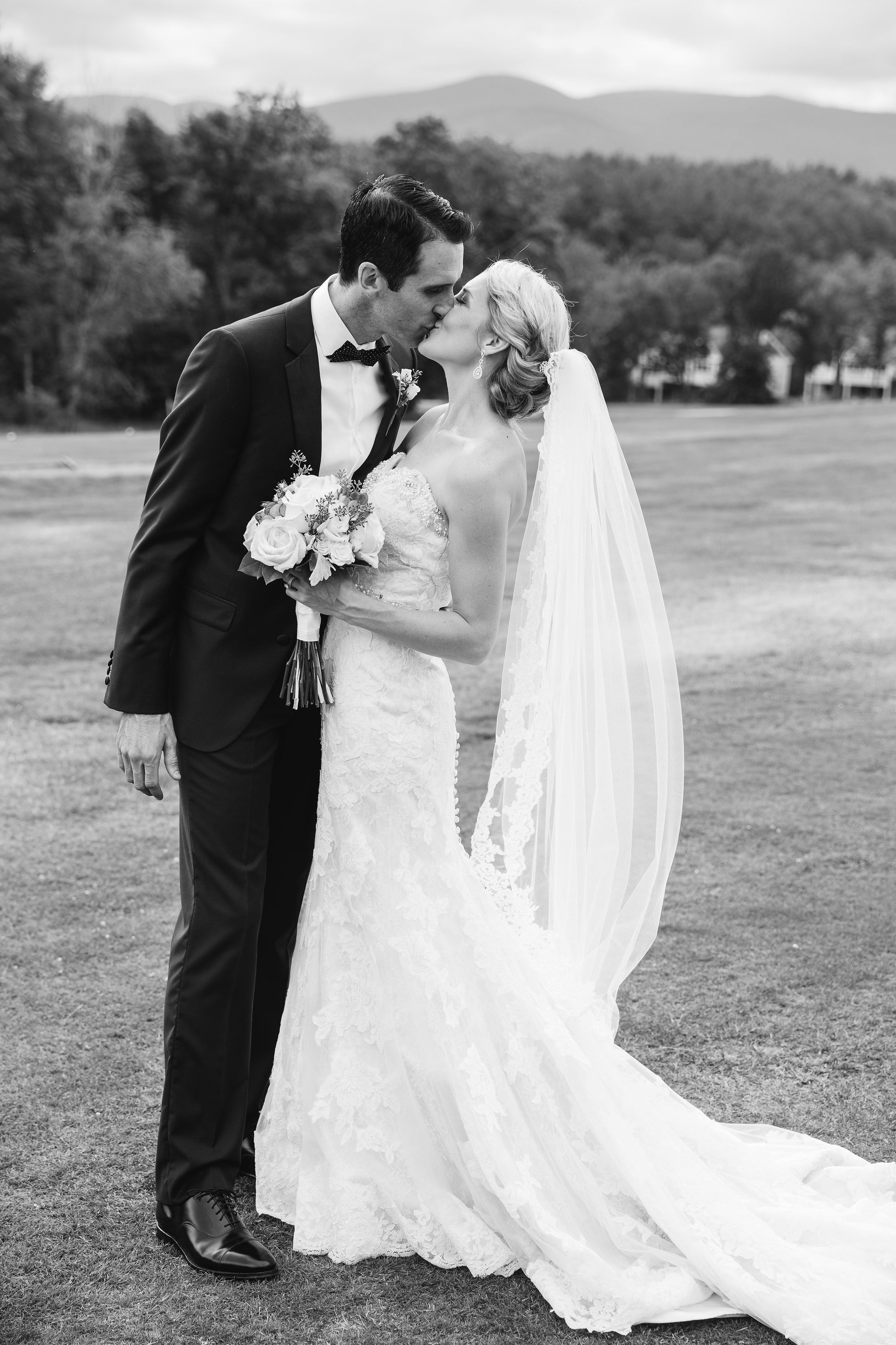 Outdoor Farmhouse Rustic Wedding, Bride in Lace Dress with Waltz Lace Wedding Veil by One Blushing Bride