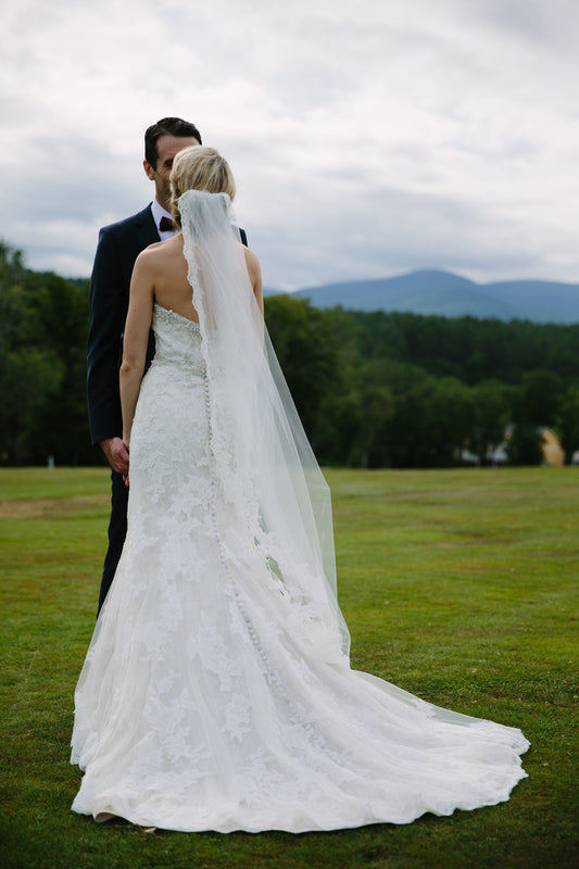 Outdoor Farmhouse Rustic Wedding, Bride in Lace Dress with Veil by One Blushing Bride