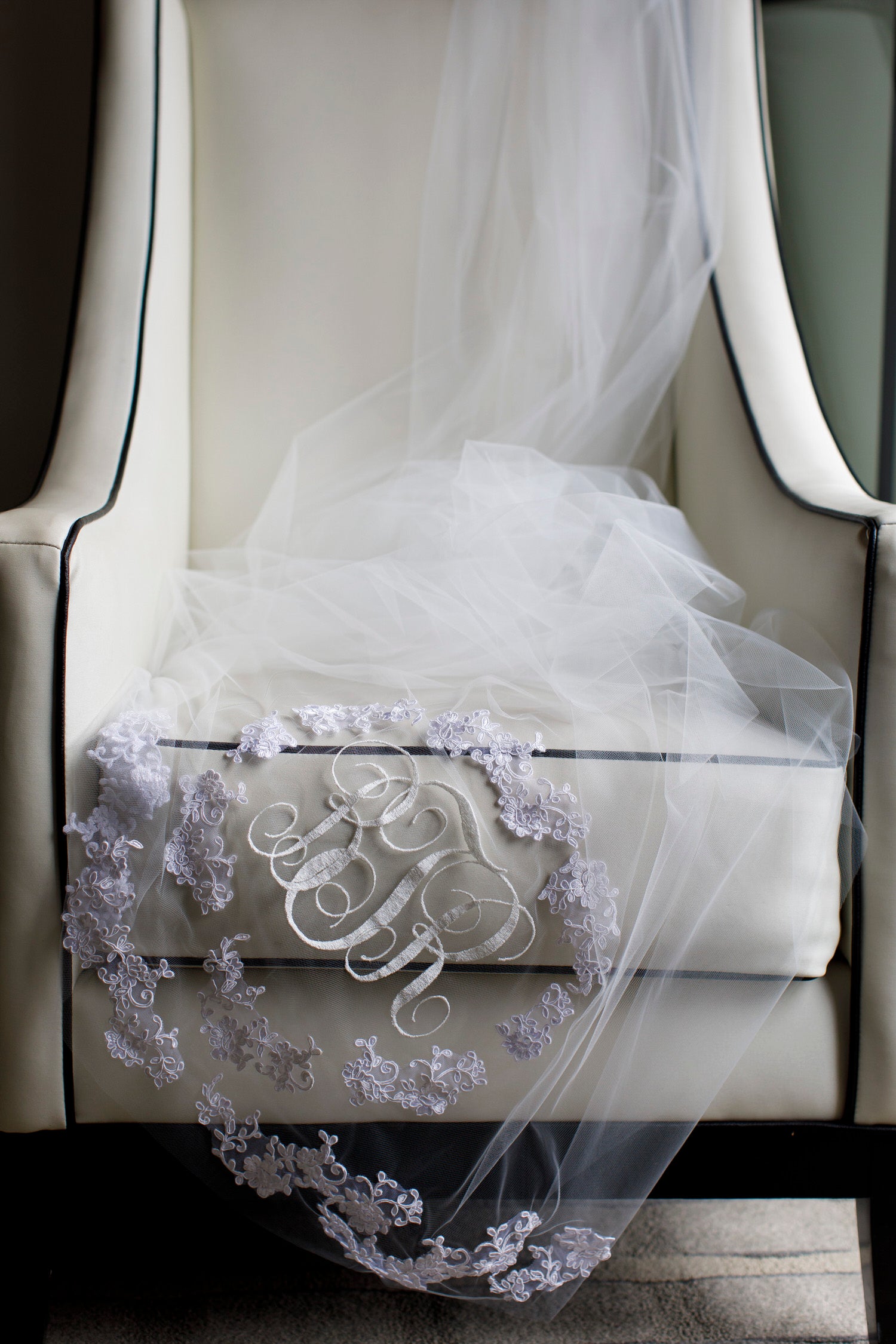 embroidered wedding veil with married monogram for the engaged couple