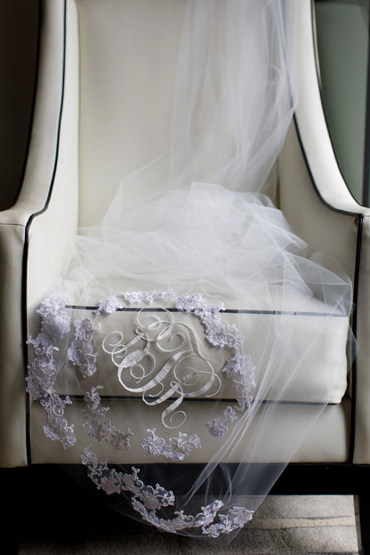 embroidered wedding veil with married monogram for the engaged couple