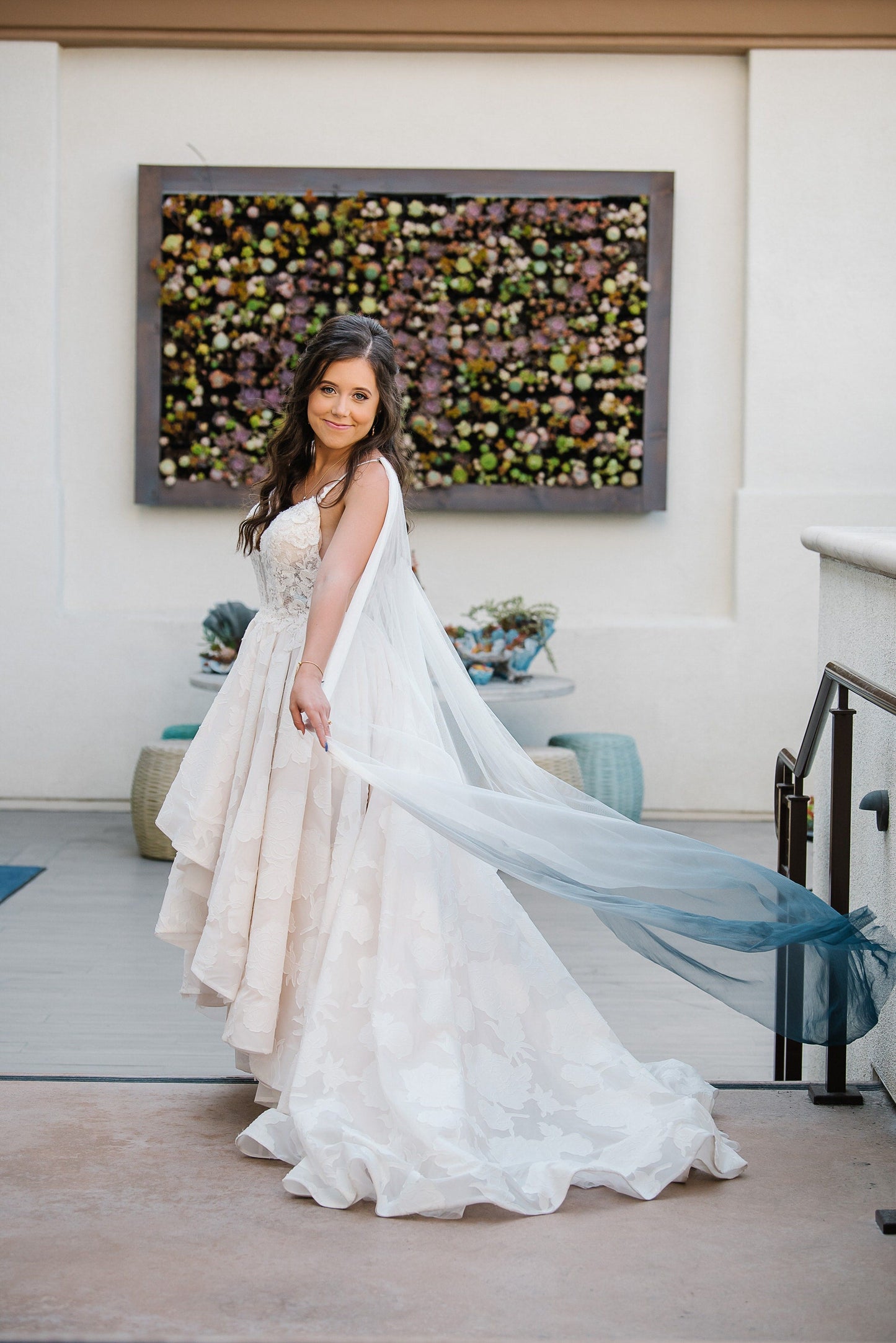 bright blue dyed wedding cape shawl with high low wedding dress