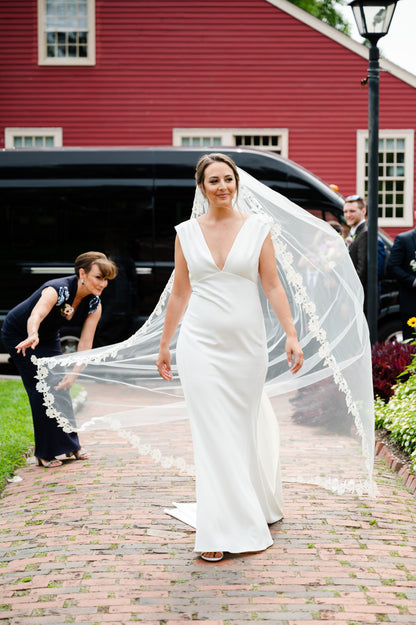 dramatic whimsical rose cathedral length bridal veil with simple V neck mikado bridal gown