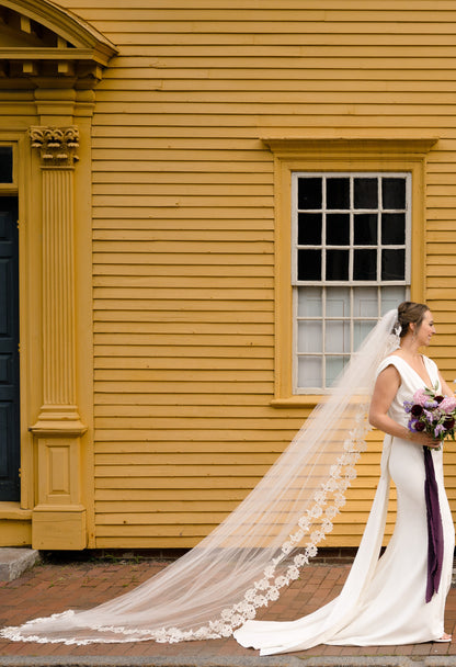 royal length long ivory cathedral length bridal veil with ethereal rose guipure lace trim edge for historic Boston wedding