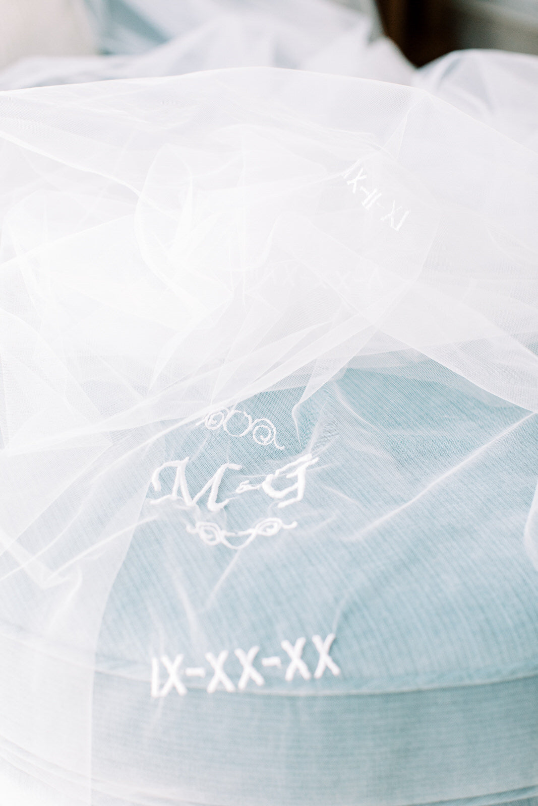 wedding initials and date embroidered on veil