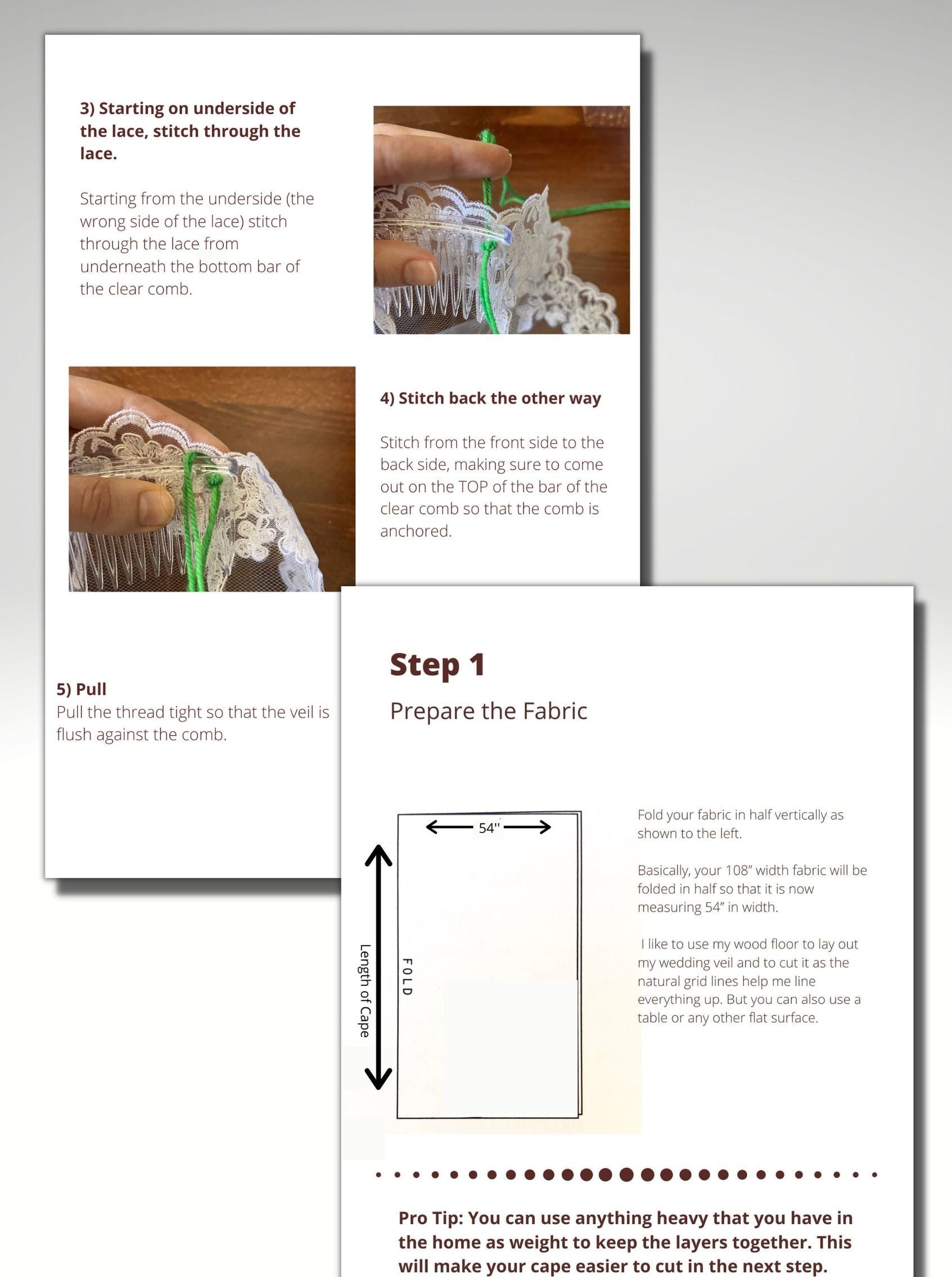 instruction sheets pattern pages for DIY wedding veil for do it yourself mantilla veil