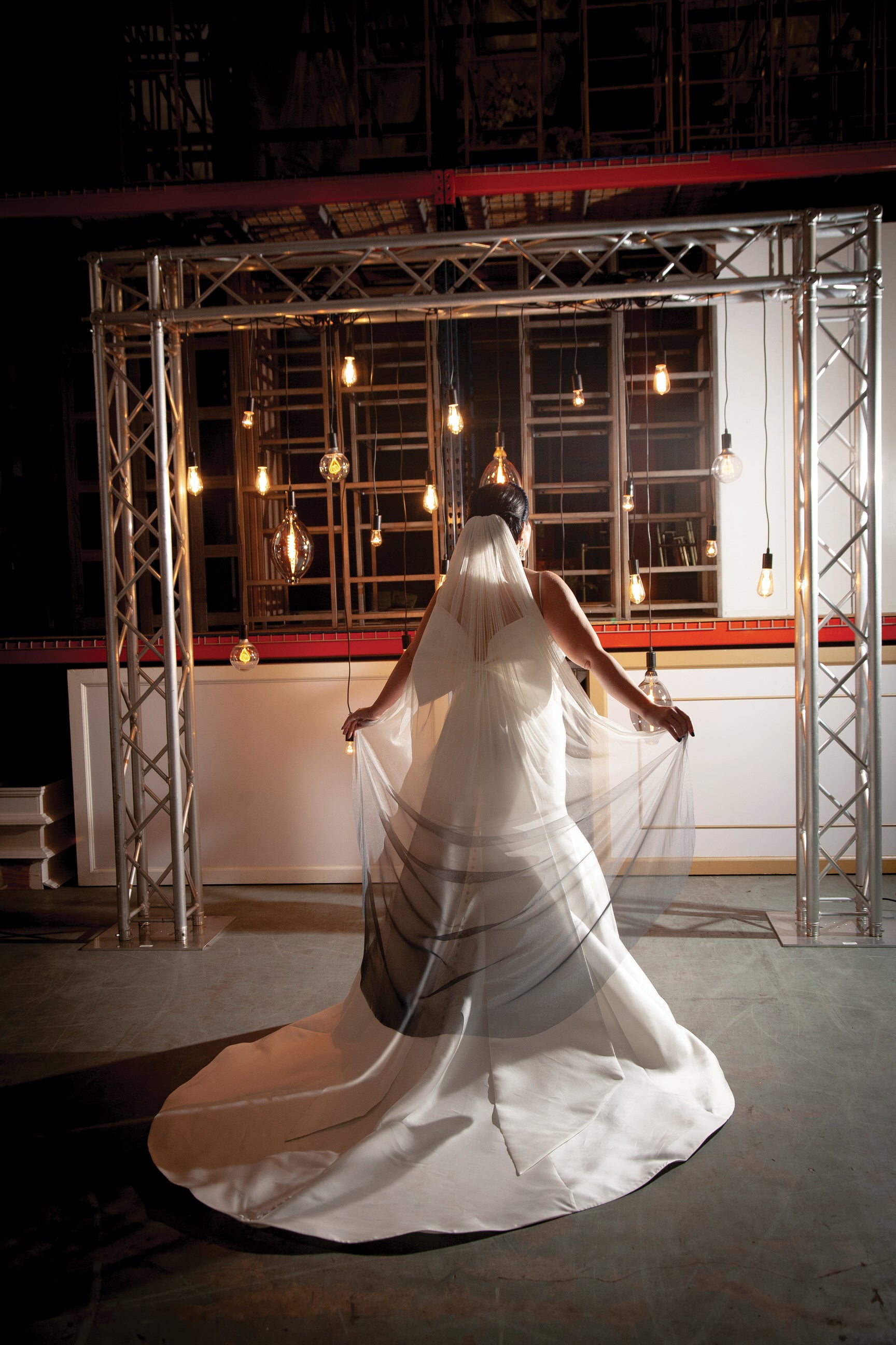 clean wedding gown with blue dyed wedding veil