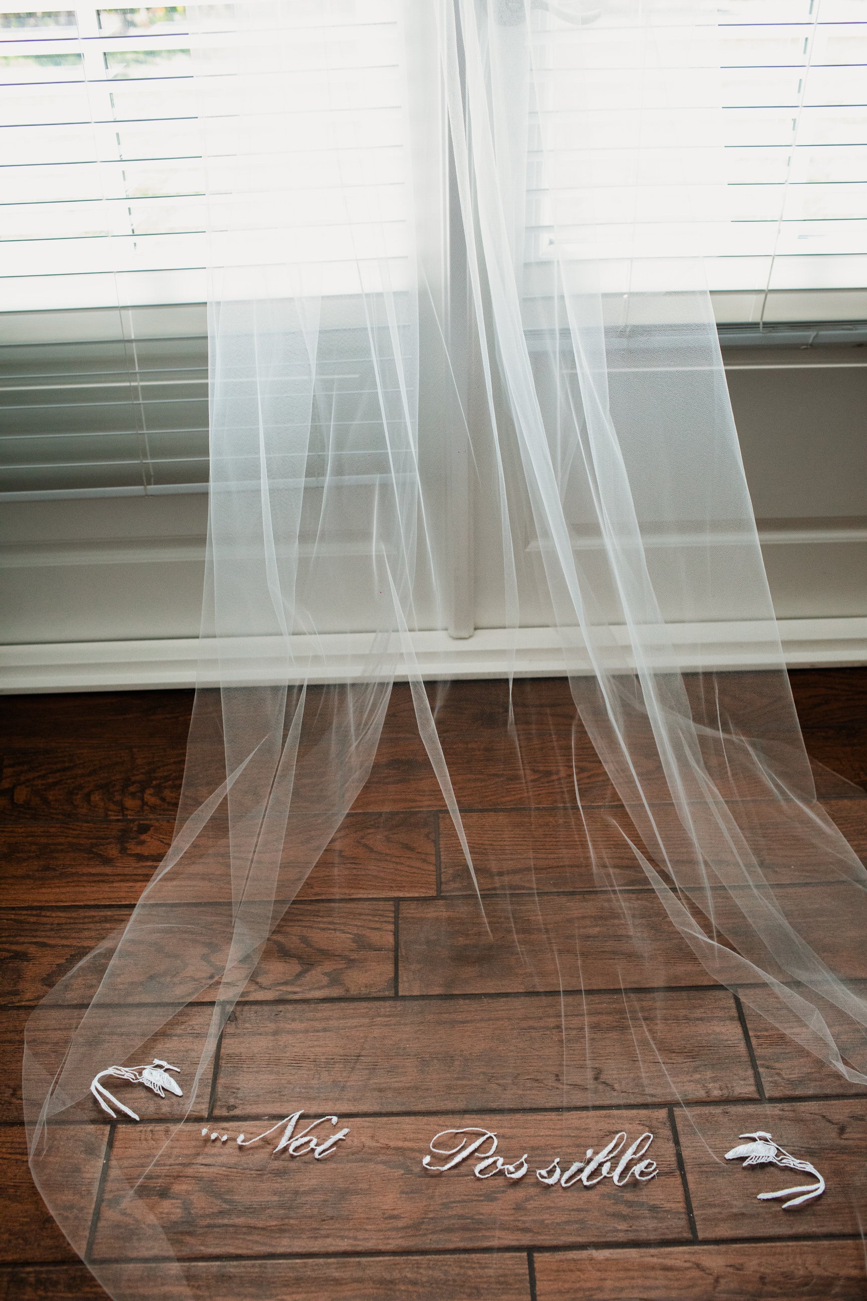 custom phrase embroidered wedding veil with hummingbird lace applique